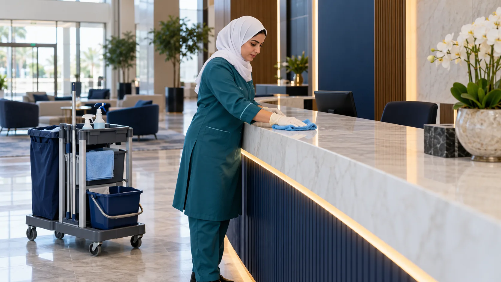 Illustrative female cleaning technician wiping a reception countertop beside an orderly cleaning cart