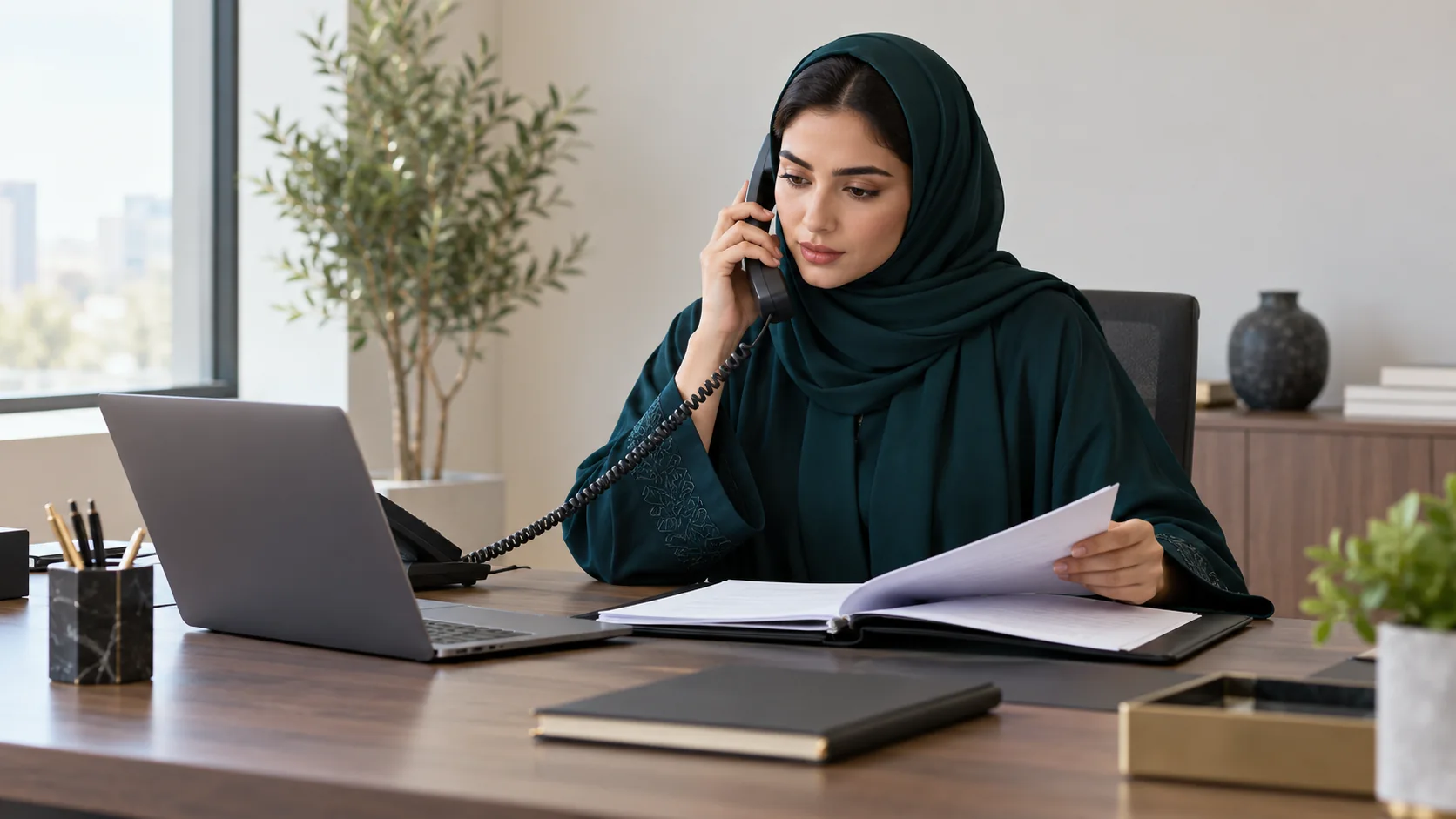 Saudi woman in a dark teal abaya using a telephone handset while reviewing a business requirement folder at an office desk