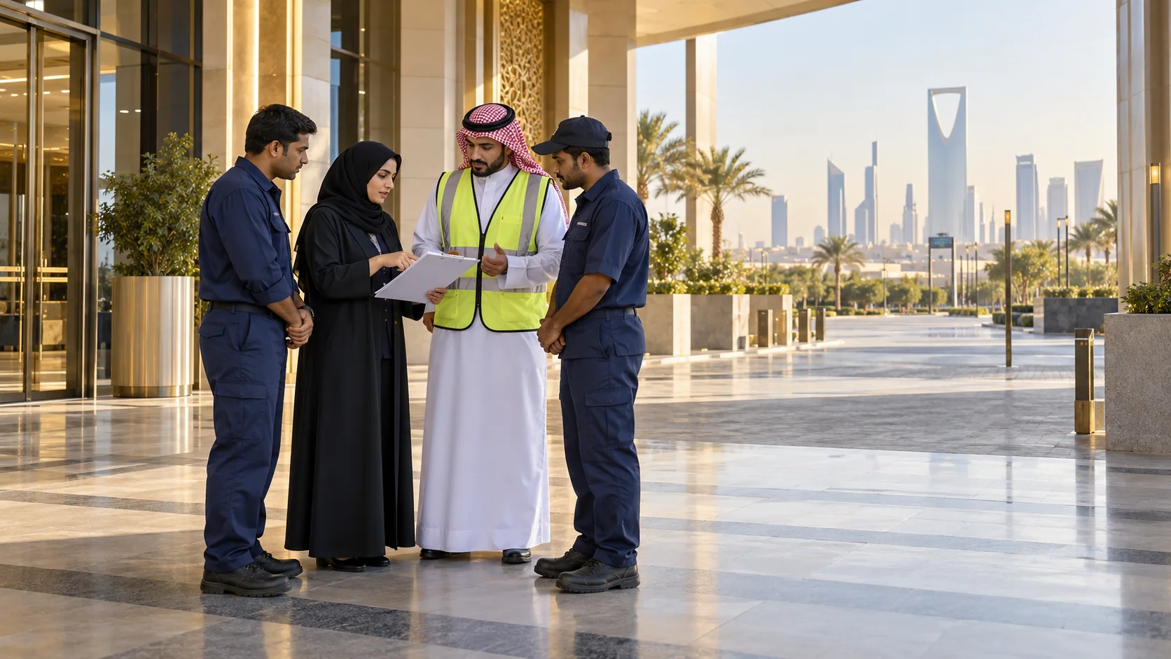 منسقة موقع وعاملون فنيون يراجعون خطة القوى العاملة في موقع إنشاءات بالرياض