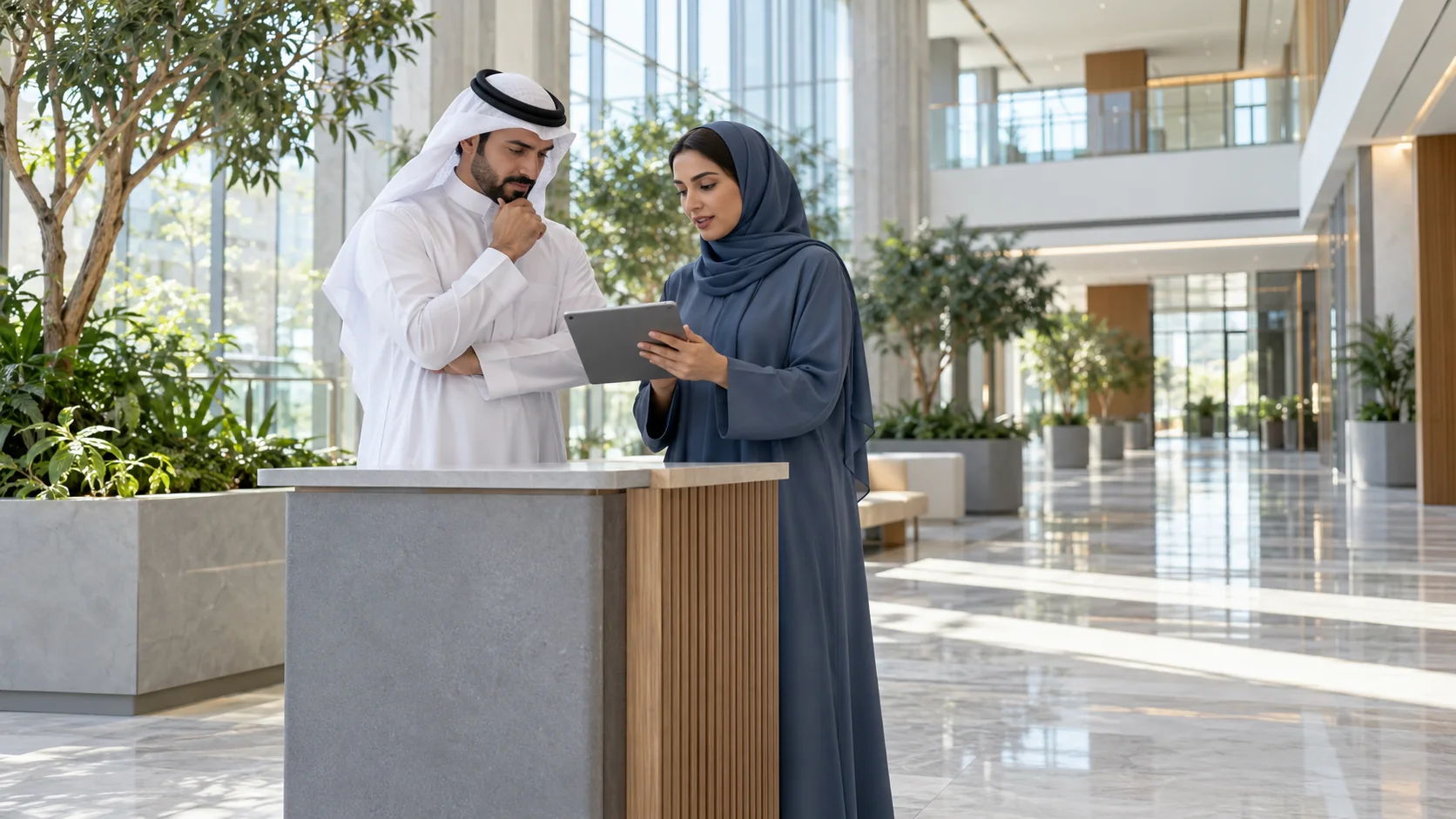 Saudi representative in a white thobe and female coordinator in a steel-blue abaya reviewing a tablet in an office atrium