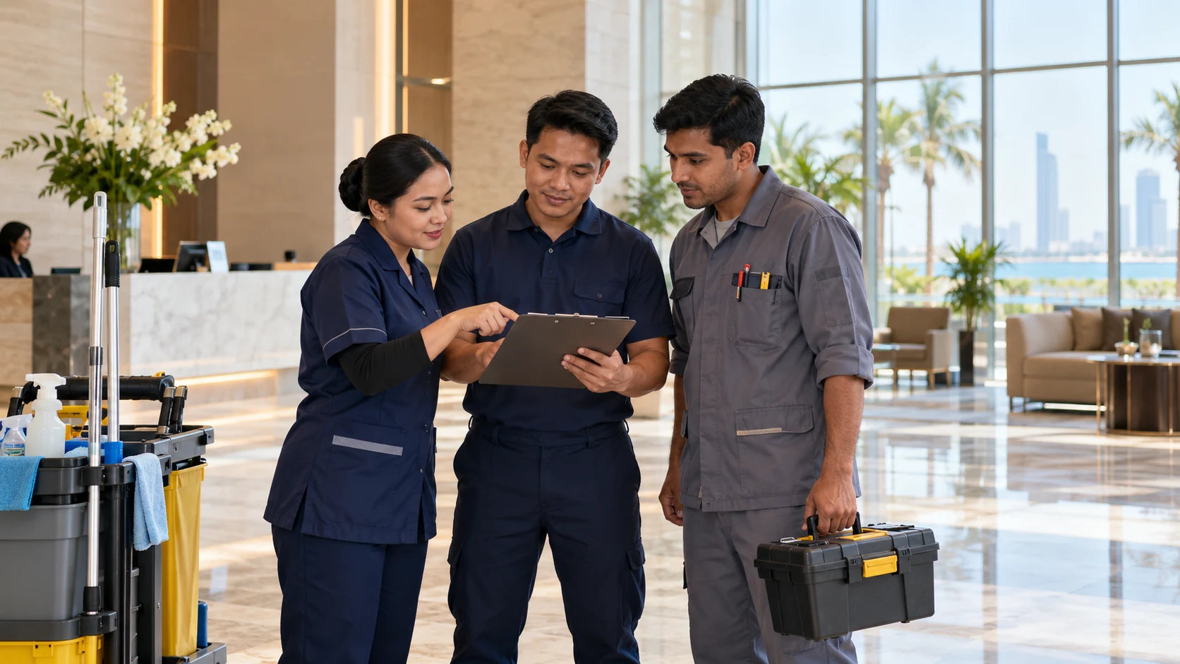 Female cleaning technician and two office and maintenance assistants reviewing a task list in a Jeddah reception area