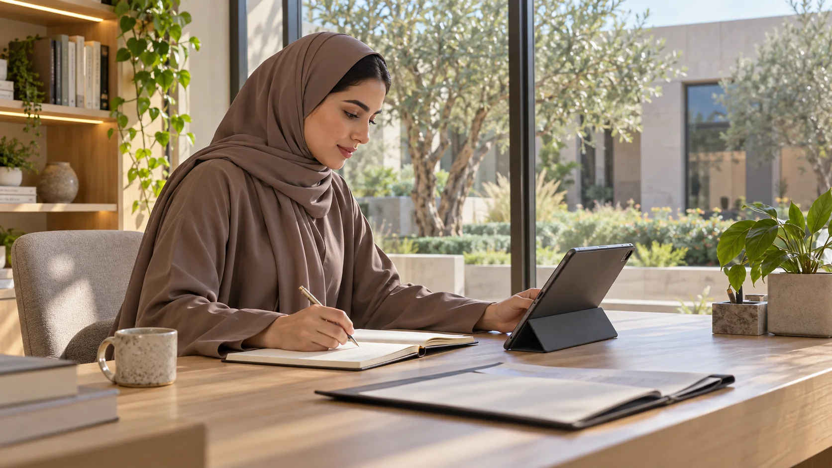 منسقة بعباءة بنية تراجع جهازاً لوحياً وتكتب في دفتر على مكتب قراءة بجانب نافذة