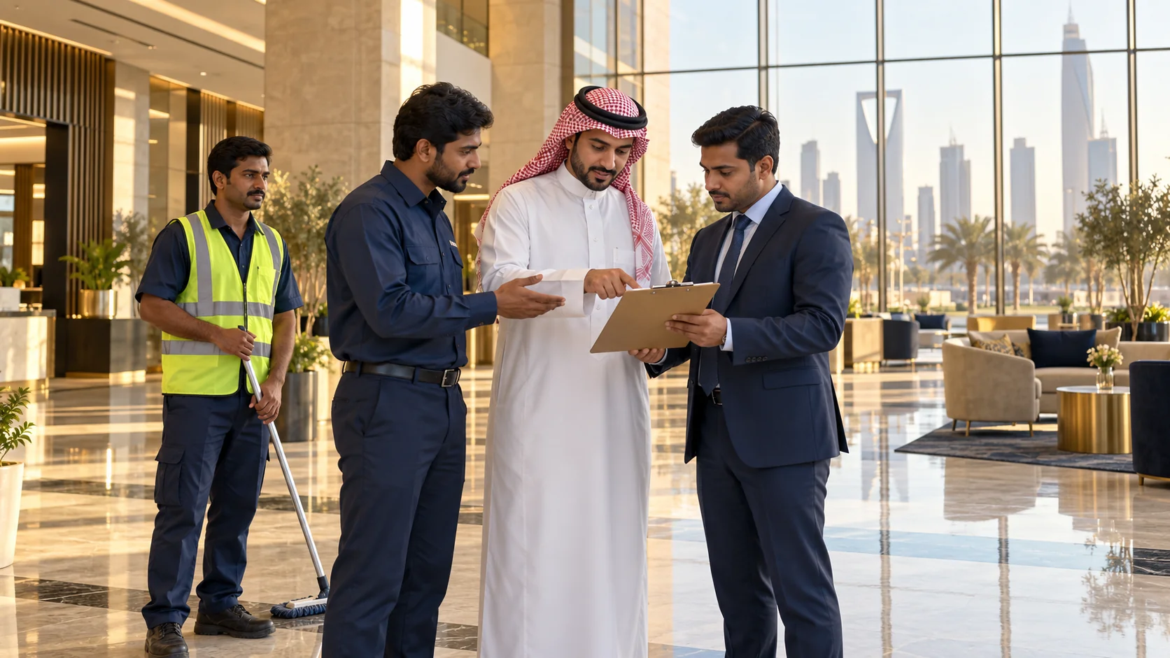 Illustrative supervisors reviewing a workforce brief with a cleaning-support worker in a Riyadh commercial-building lobby