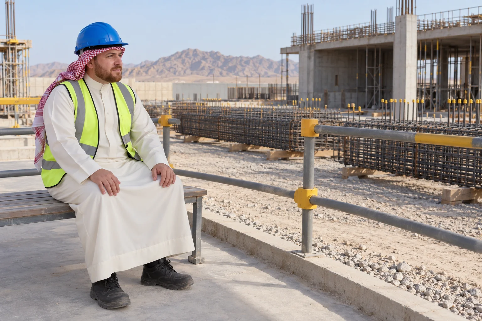Fictional Arab male visitor in a cream thobe and site PPE observing reinforcement-cage staging at a Saudi construction workfront