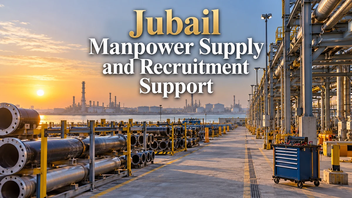 Empty industrial maintenance lane with racked pipe spools and a tool trolley, with the Jubail manpower supply and recruitment support title.