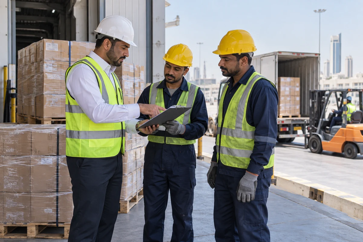 Supervisor and warehouse workers reviewing a duty schedule beside boxed pallets at a loading dock