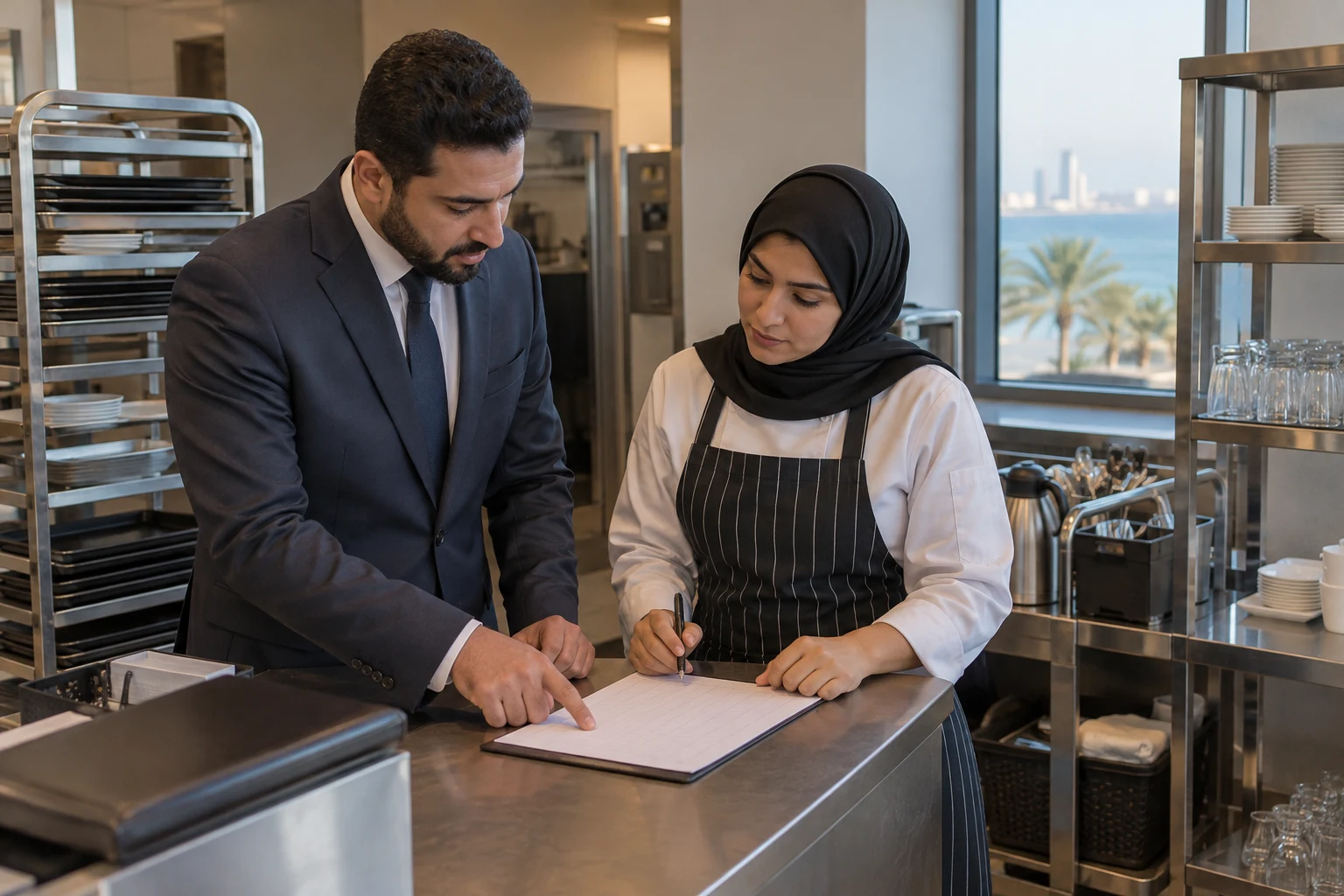 Hospitality manager and service supervisor reviewing a shift sheet beside stored dining supplies