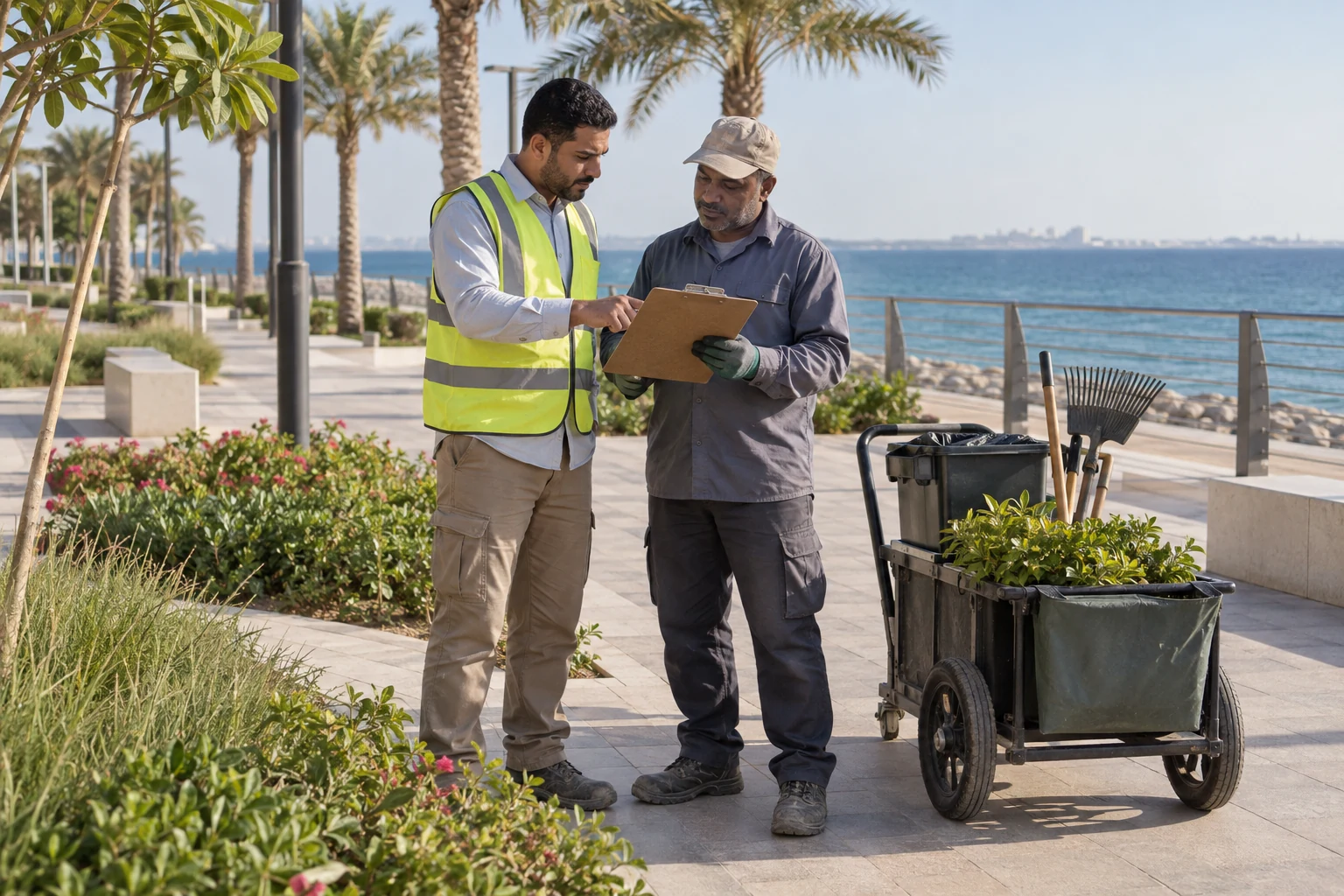 Two waterfront supervisors reviewing a clipboard beside a grounds-maintenance trolley