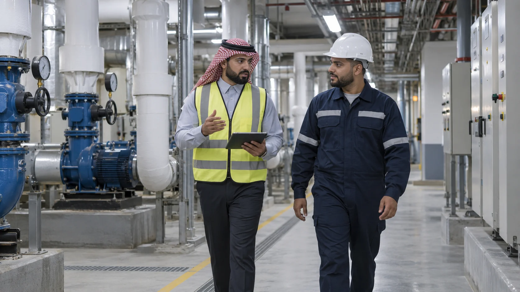 مشرف مرافق وفني يراجعان منطقة خدمات مبنى تجاري