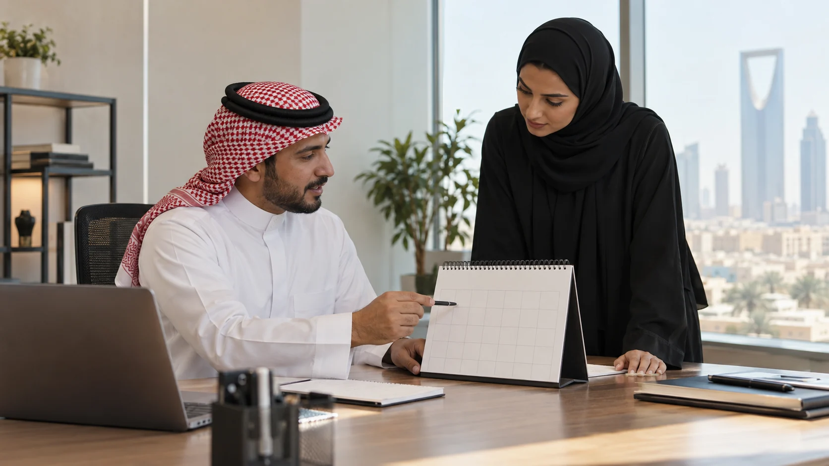 مدير مشتريات ومنسق يناقشان جدول تشغيل في مكتب