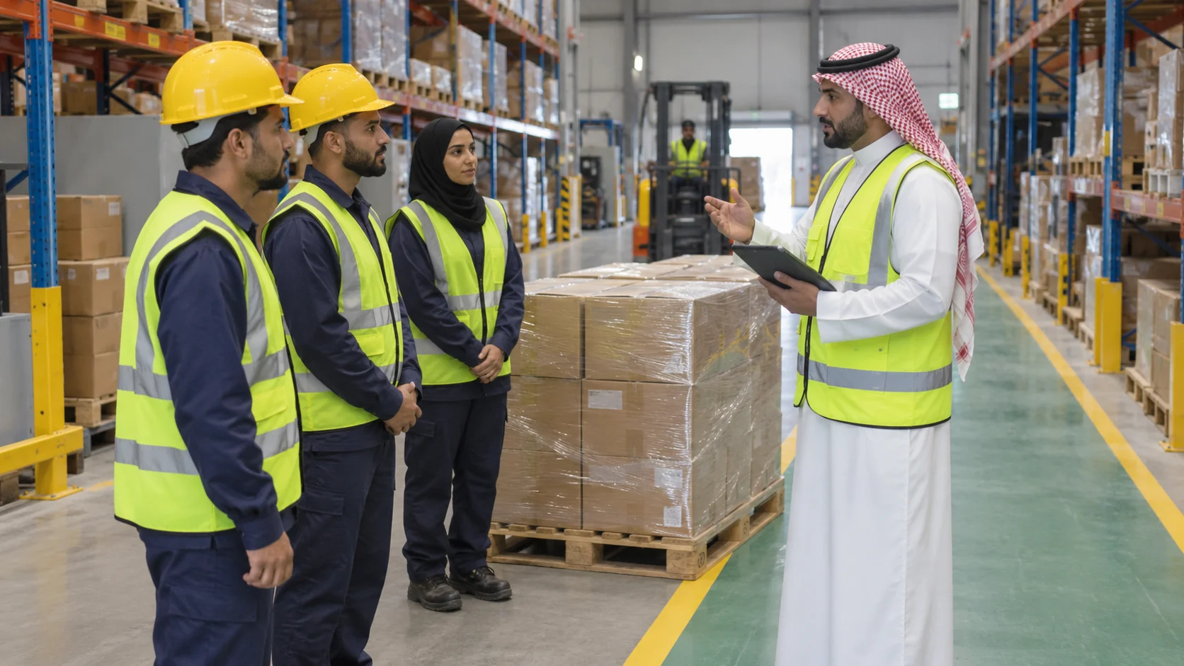 مشرف مقدم الخدمة يشرح مهام المستودع لفريق العمل قرب منصة تحميل