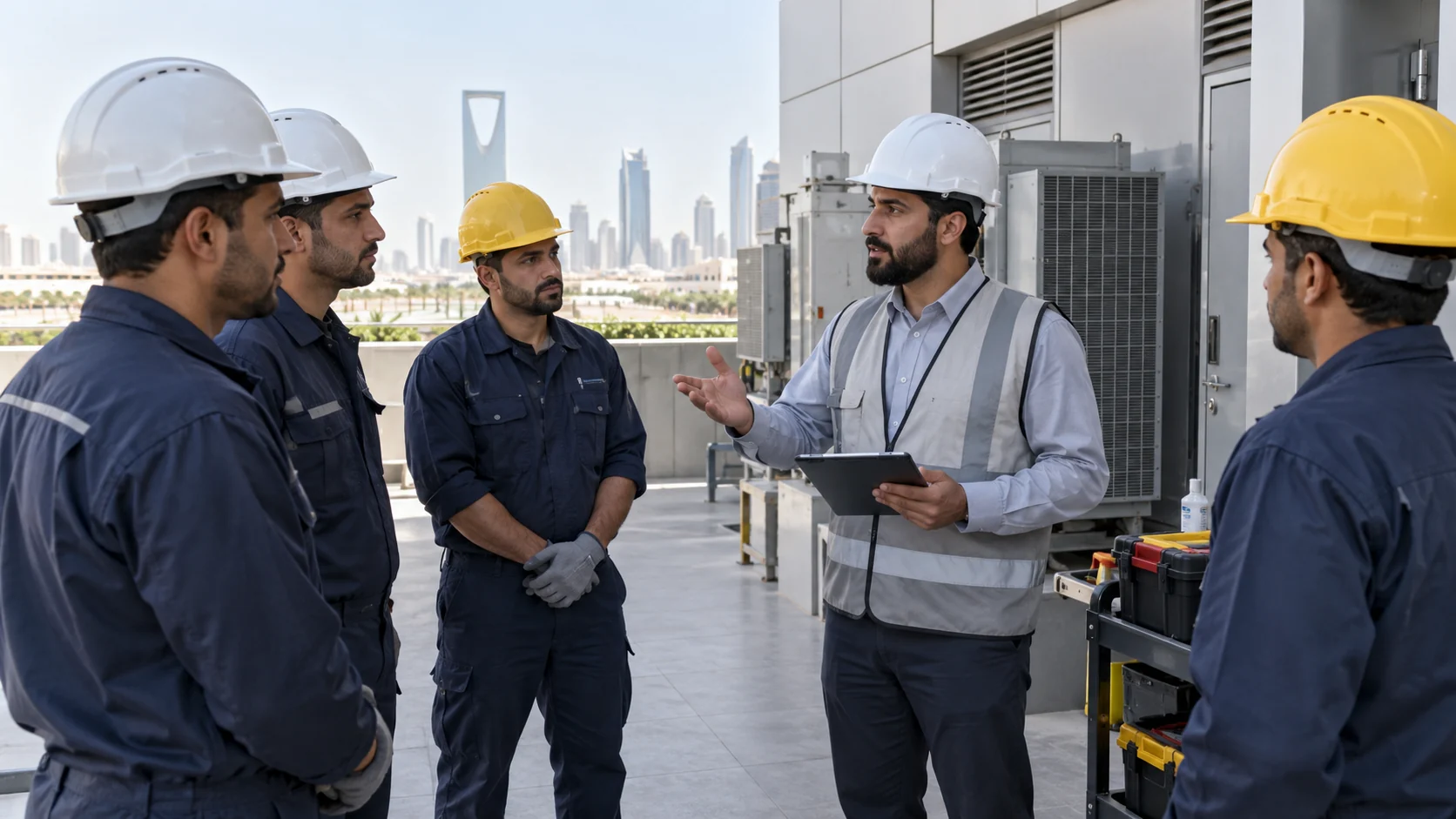 Provider supervisor briefing technicians in a commercial maintenance work area