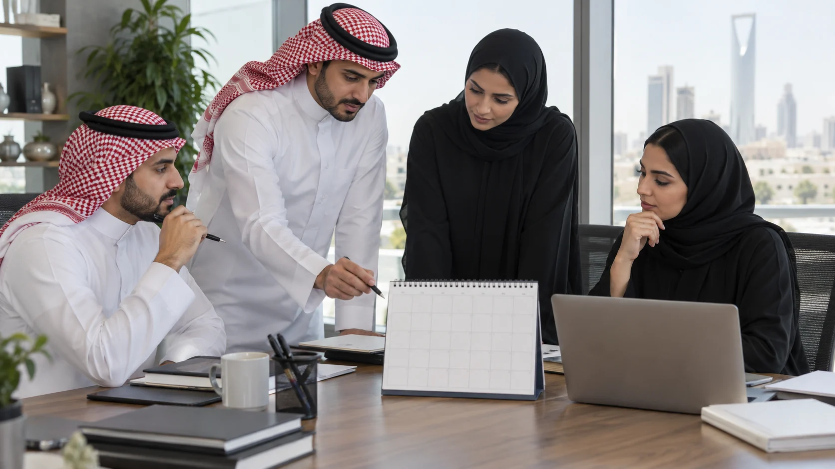 Procurement colleagues considering an operating calendar at an office desk