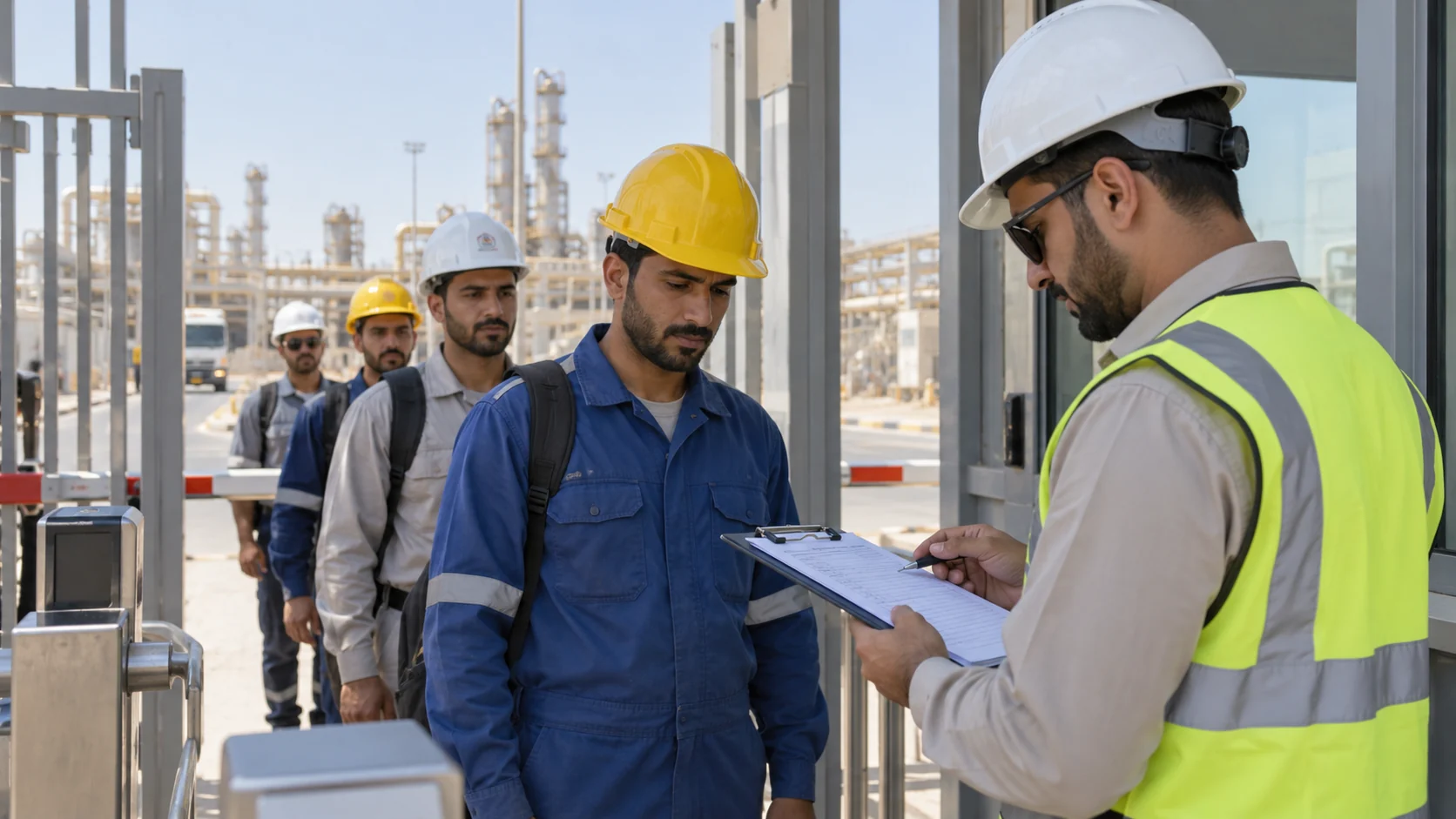 Site coordinator reviewing a sign-in clipboard at a controlled industrial gate