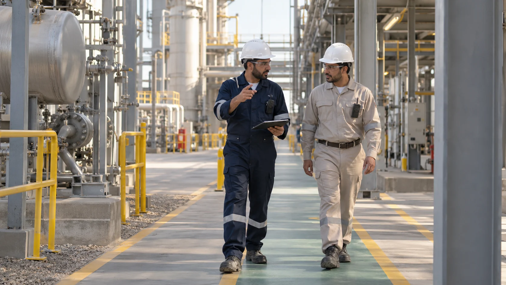 Industrial service supervisor and plant coordinator walking along a marked factory aisle