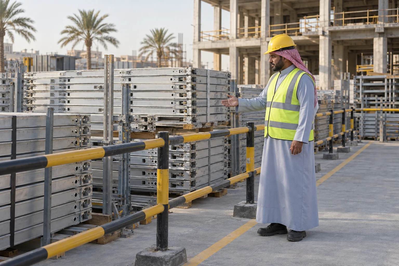 زائر عربي بالثوب ومعدات الوقاية يعاين ألواح ومكونات الشدات من ممر فحص آمن بموقع بناء سعودي