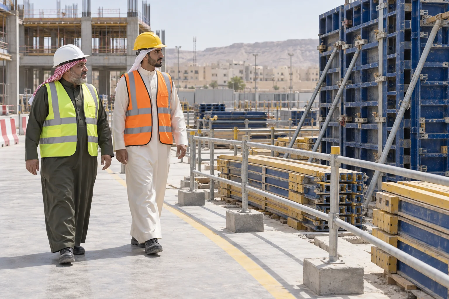 Two fictional Arab male visitors in thobes and site PPE walking along a protected inspection aisle beside formwork panels at a Saudi construction site