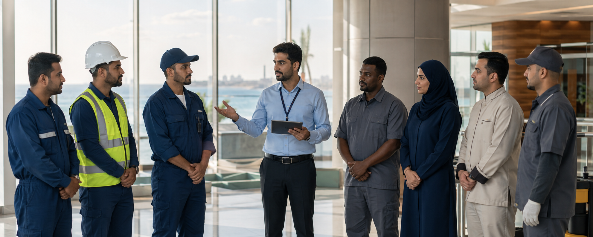 A Jeddah facilities manager briefing a mixed workforce team inside a commercial building
