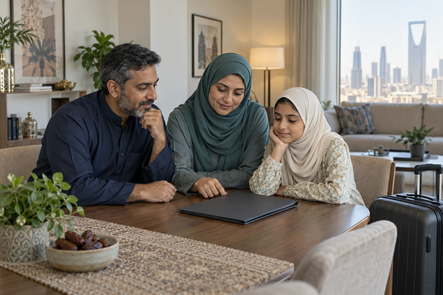 A family reviewing a closed folder beside a suitcase in a Riyadh apartment