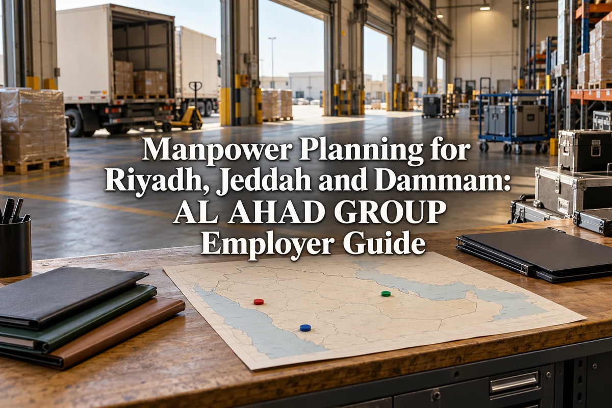 Empty dispatch-planning bay with a regional map, allocation markers, closed folders and the full Riyadh, Jeddah and Dammam employer-guide title.