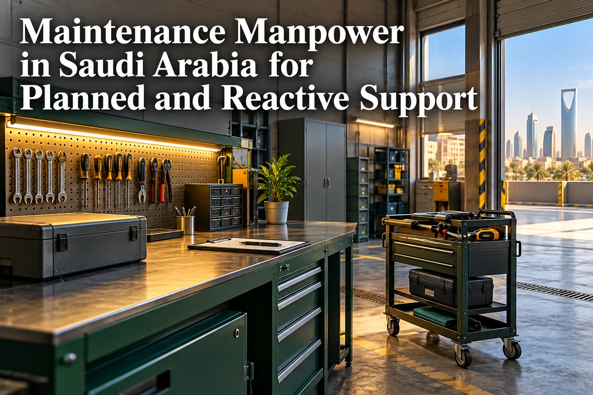 Unoccupied fictional Saudi facility maintenance workshop with a workbench,closed equipment and maintenance cart,displaying the complete planned and reactive support title.