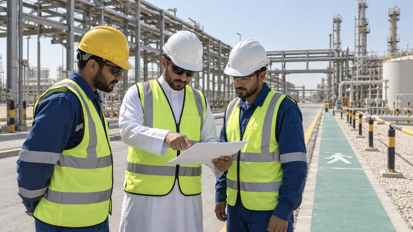 Three industrial workforce supervisors review a task sheet beside a marked pedestrian path and pipe racks.