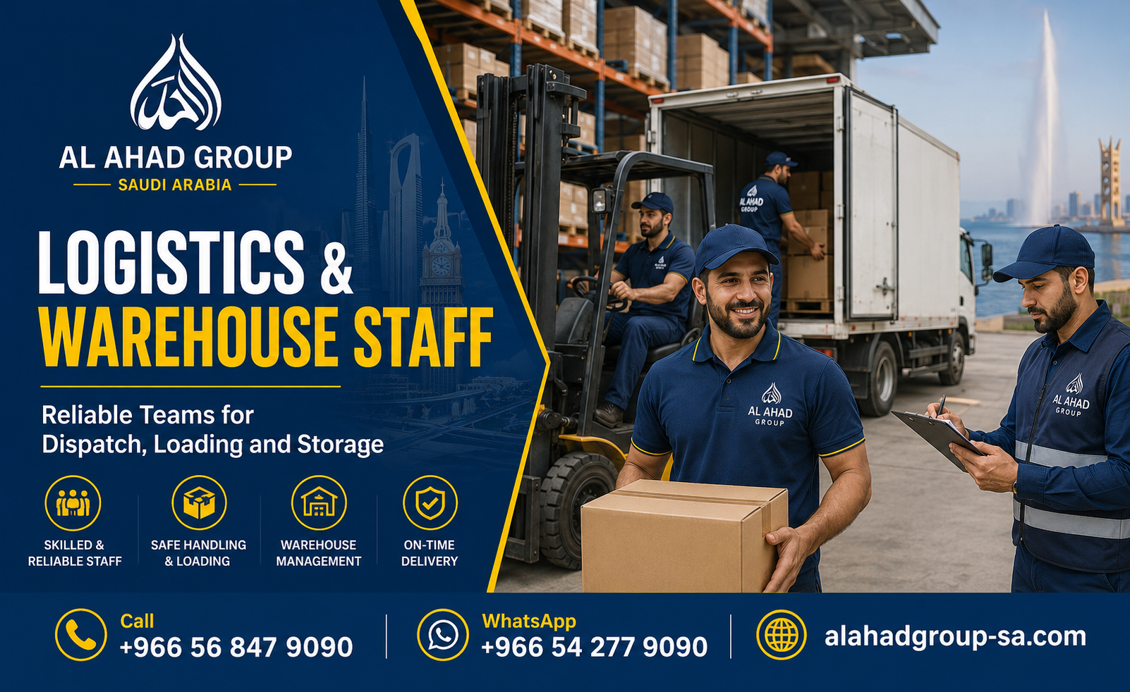 Saudi logistics team coordinating warehouse loading and workforce planning in Jeddah