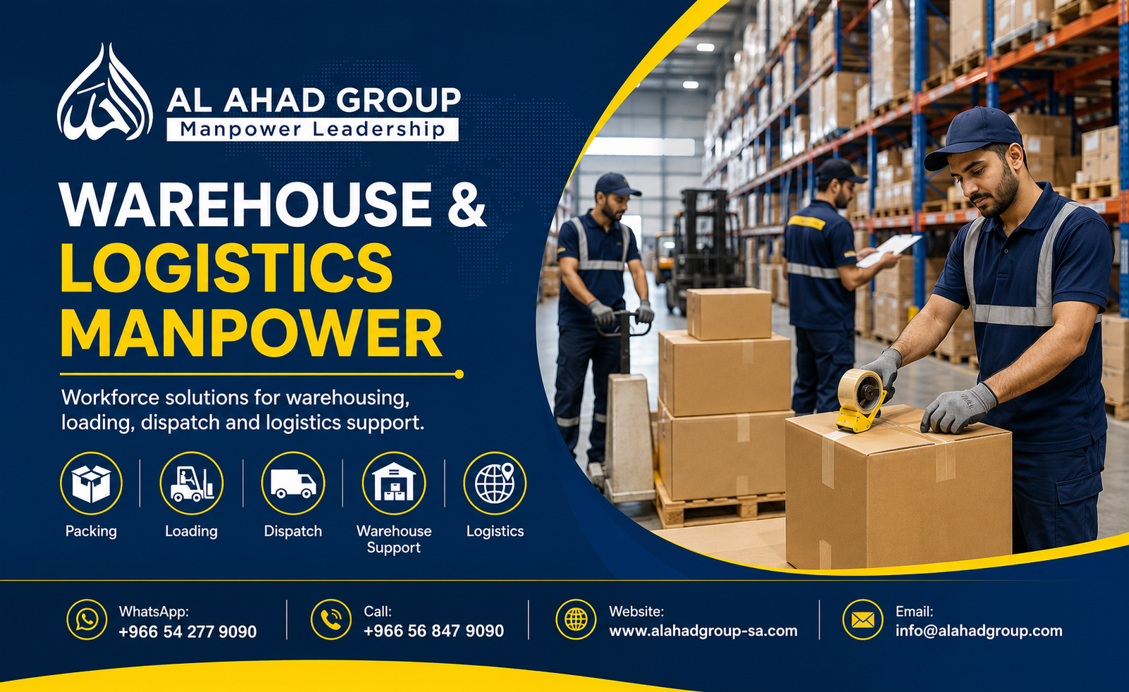 Saudi warehouse team packing goods during workforce planning for a Jeddah operation